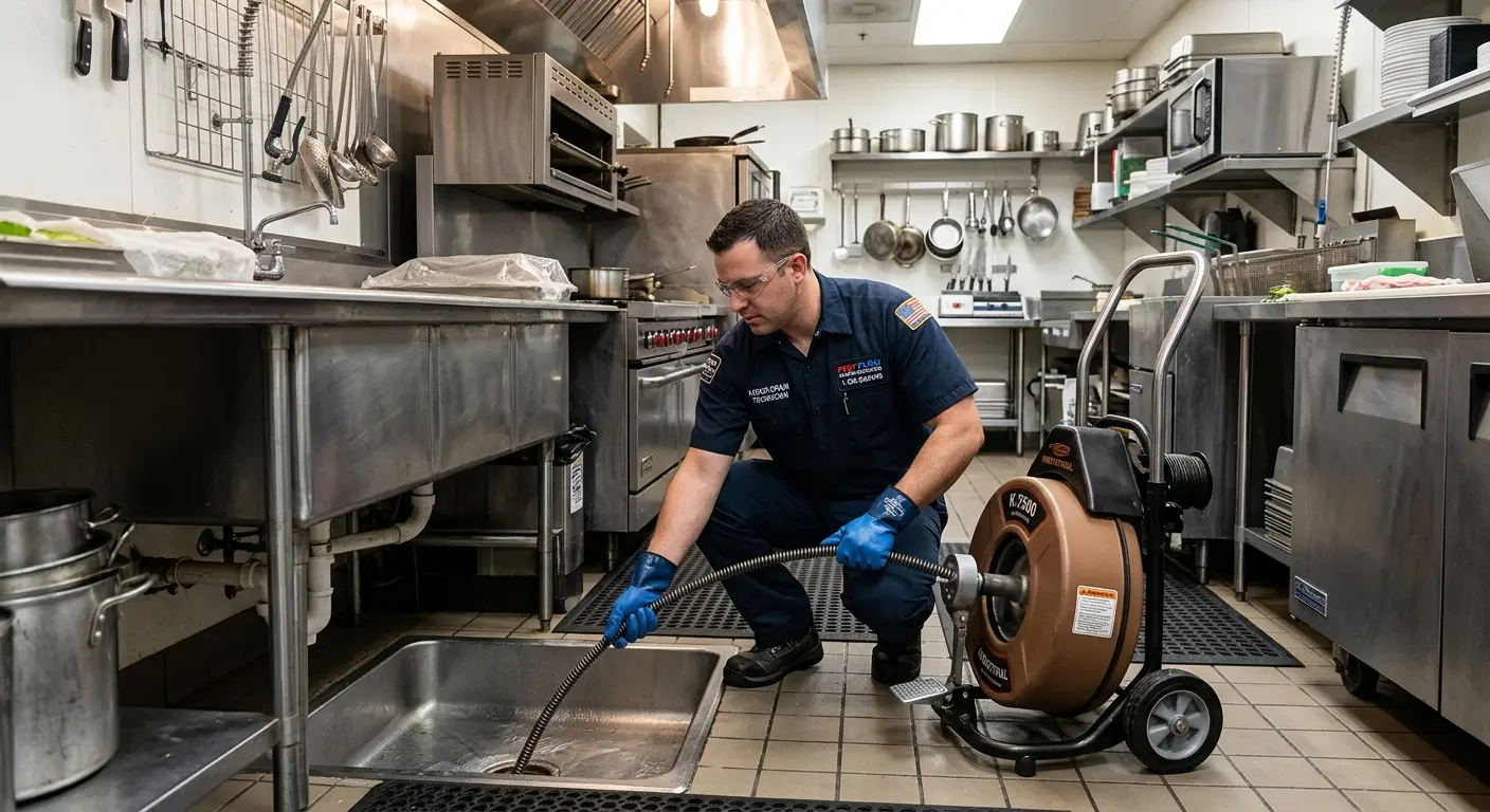 Commercial drain cleaning service in a restaurant kitchen in Rosamond