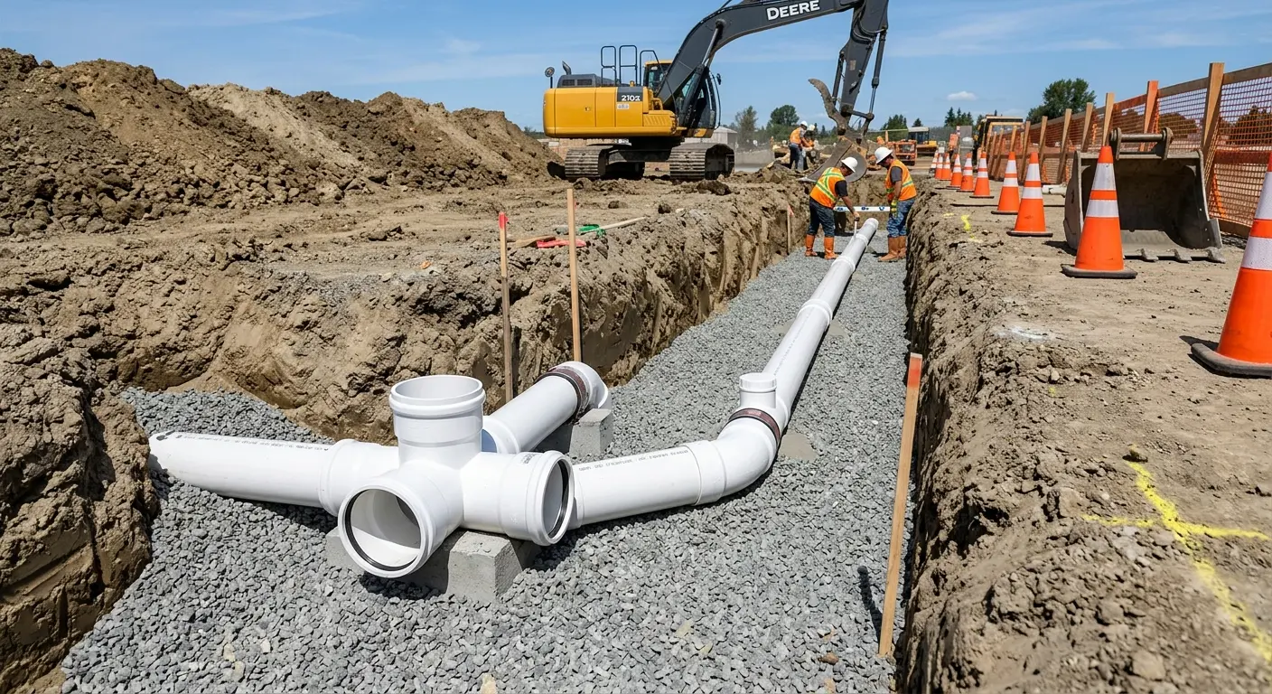 New PVC sewer pipe installation in open trench for Sewer Backup in Rosamond