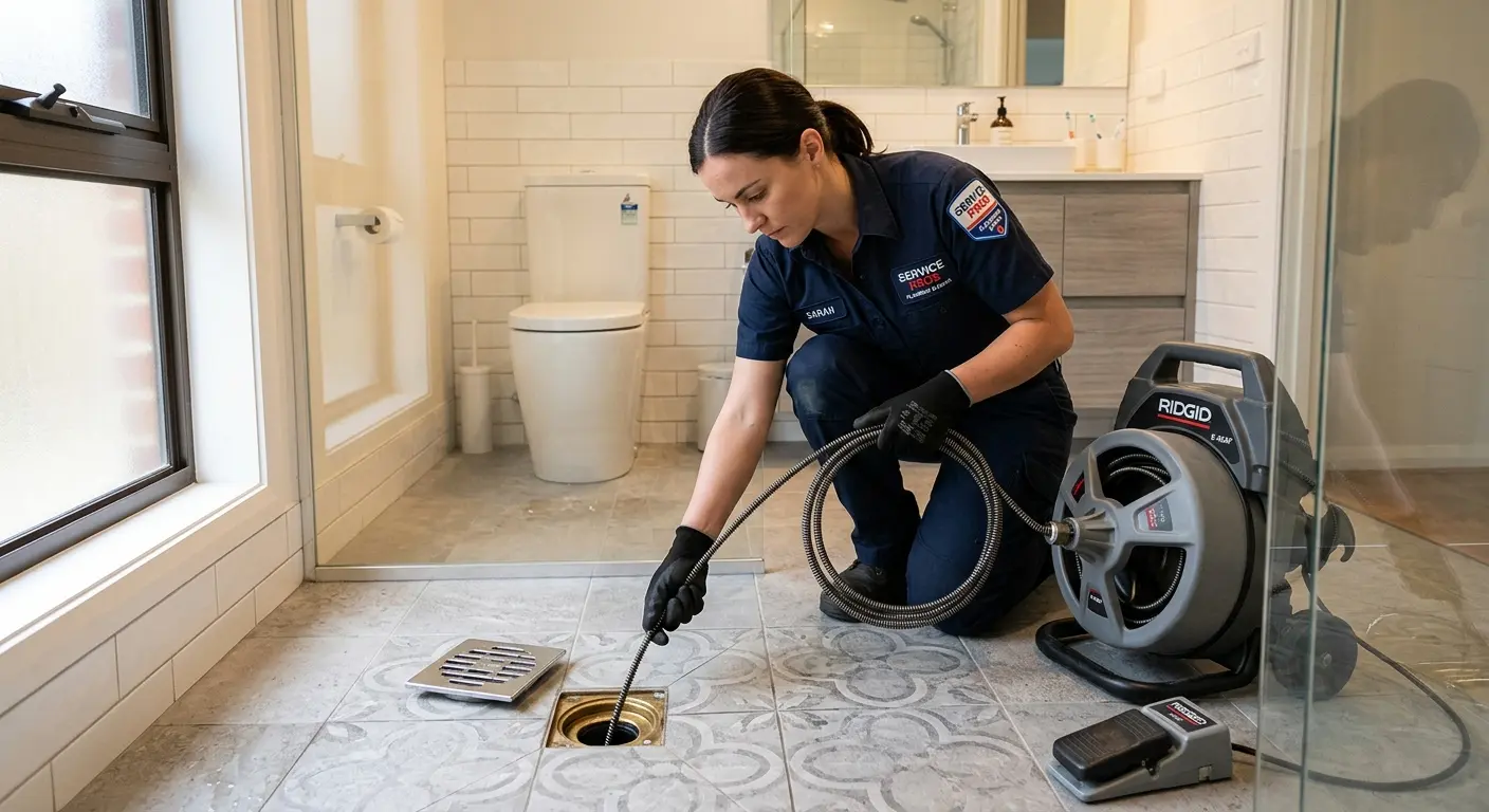 Technician clearing a bathroom floor drain for Sewer Line Replacement in Rosamond